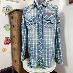 Affliction First Ascent Blue Plaid Shirt, y2k Distressed w Patches Sz M, NWT